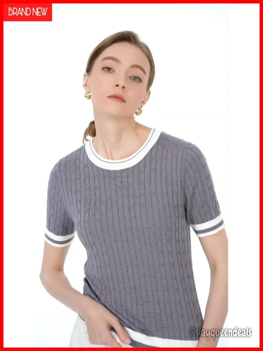 Short Sleeve Sweater - Silk Blend Cable Knit Striped Pullover Lightweight